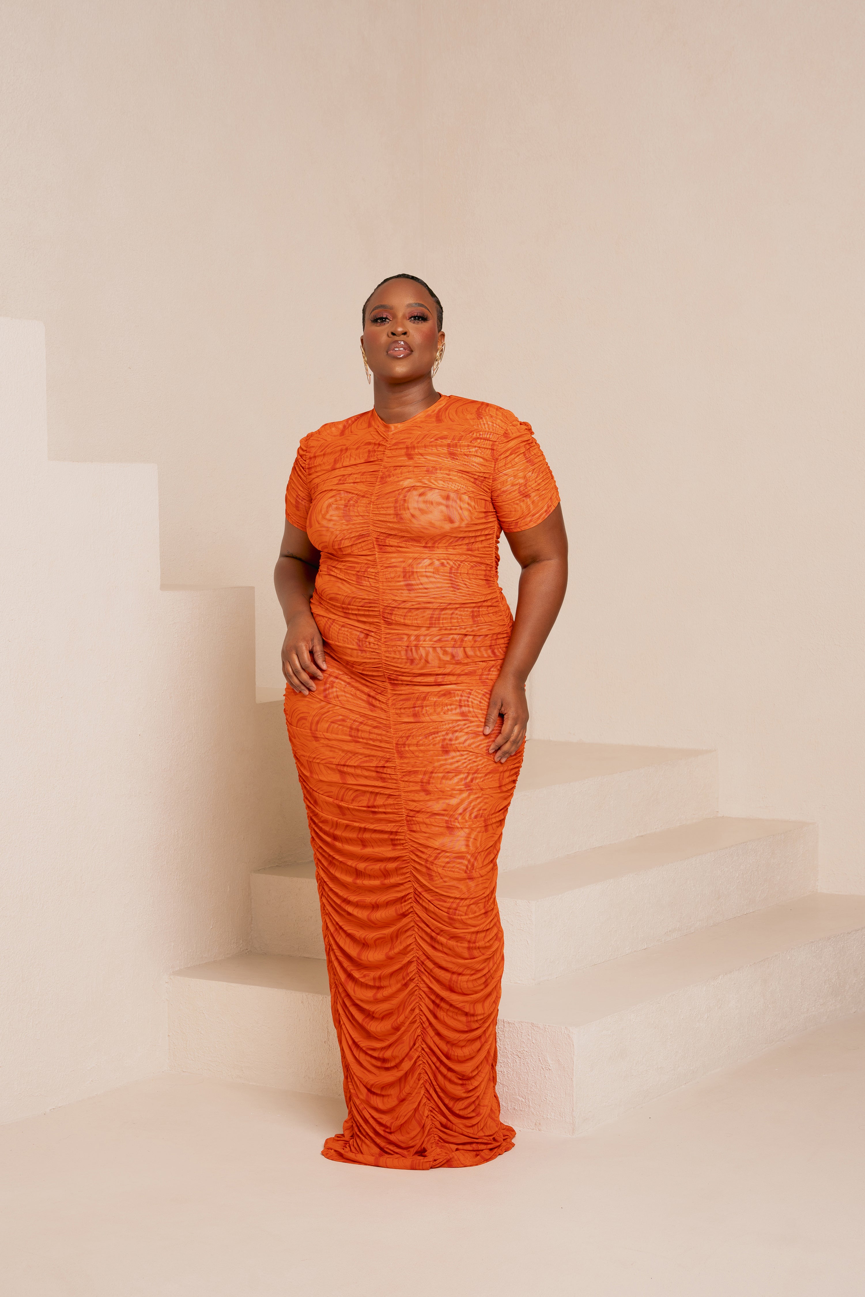 IZA ORANGE RUCHED MAXI MESH DRESS – OFUURE