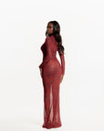 AMINAH RED LONG SLEEVE MAXI MESH DRESS