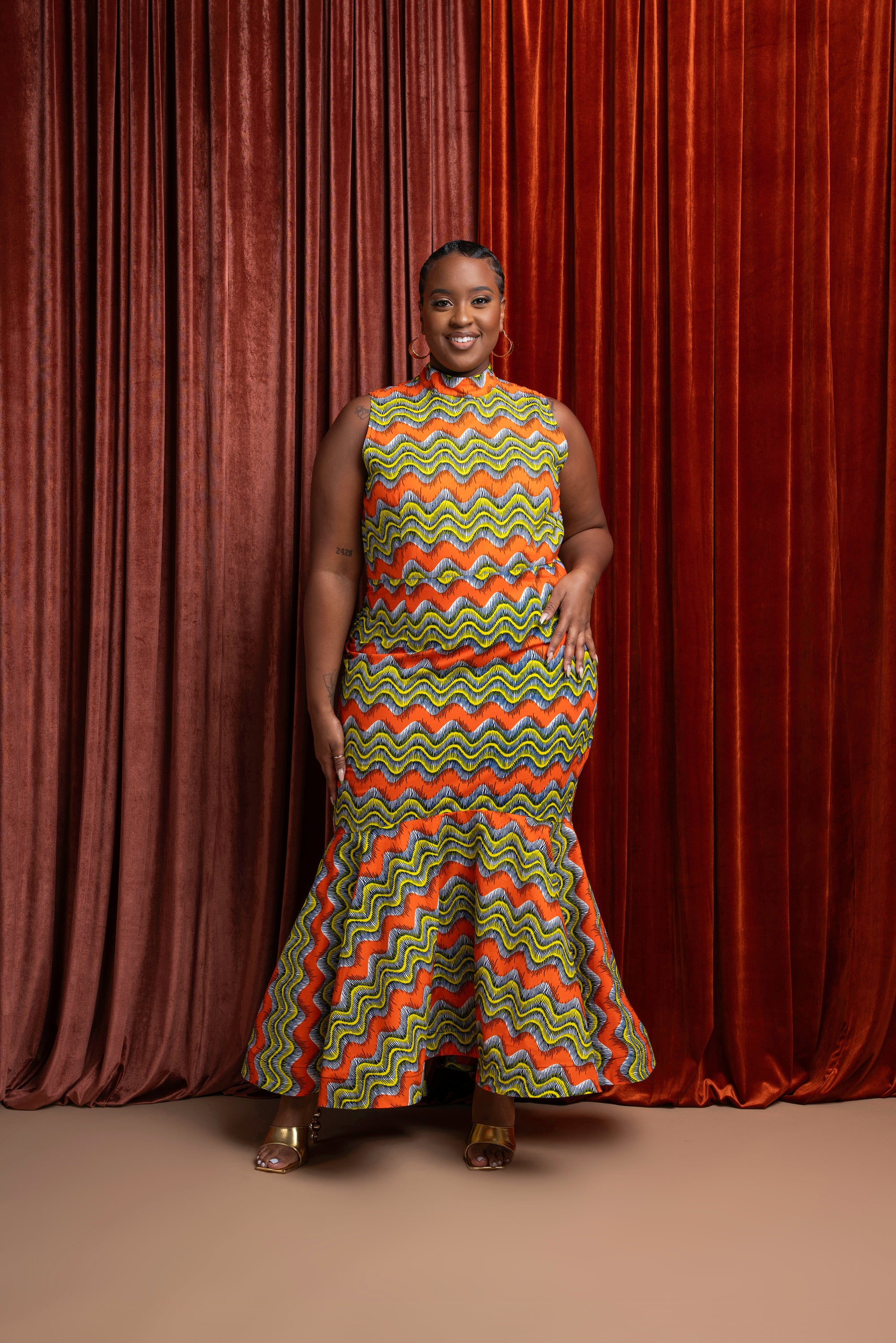 TANI African Print Maxi Mock Neck Peplum Dress