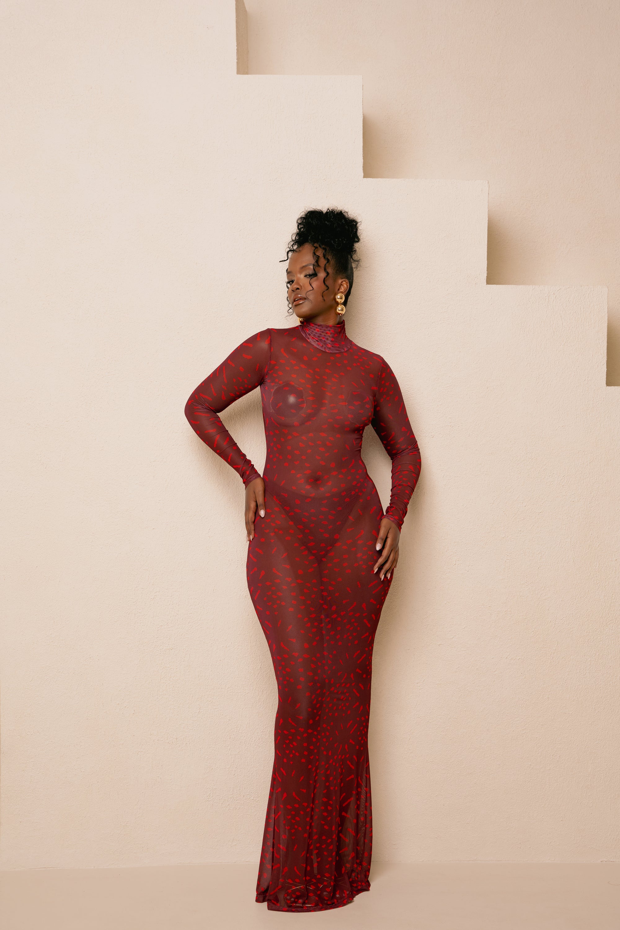 AMINAH RED LONG SLEEVE MAXI MESH DRESS