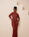 AMINAH RED LONG SLEEVE MAXI MESH DRESS
