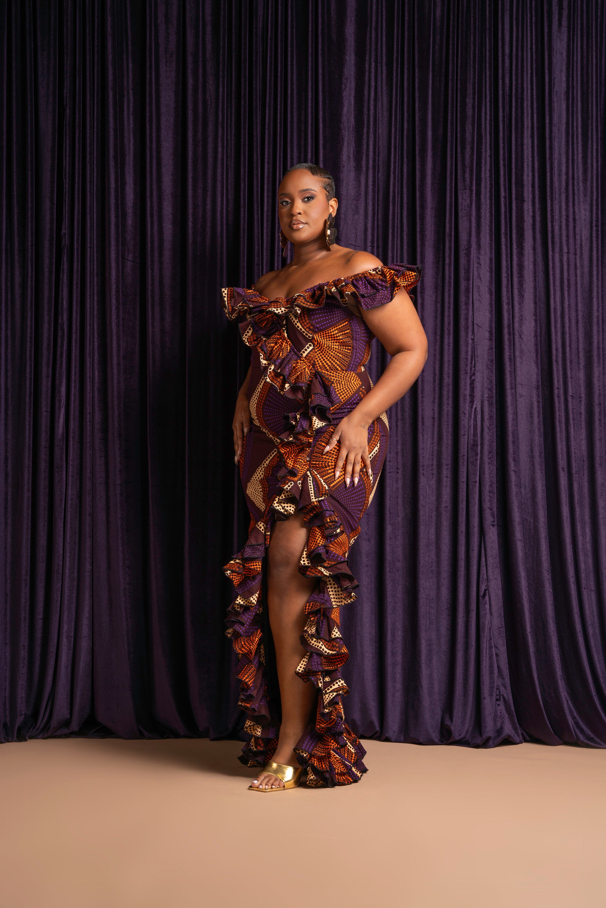 DORA Off shoulder Ruffle African Print Maxi Dress