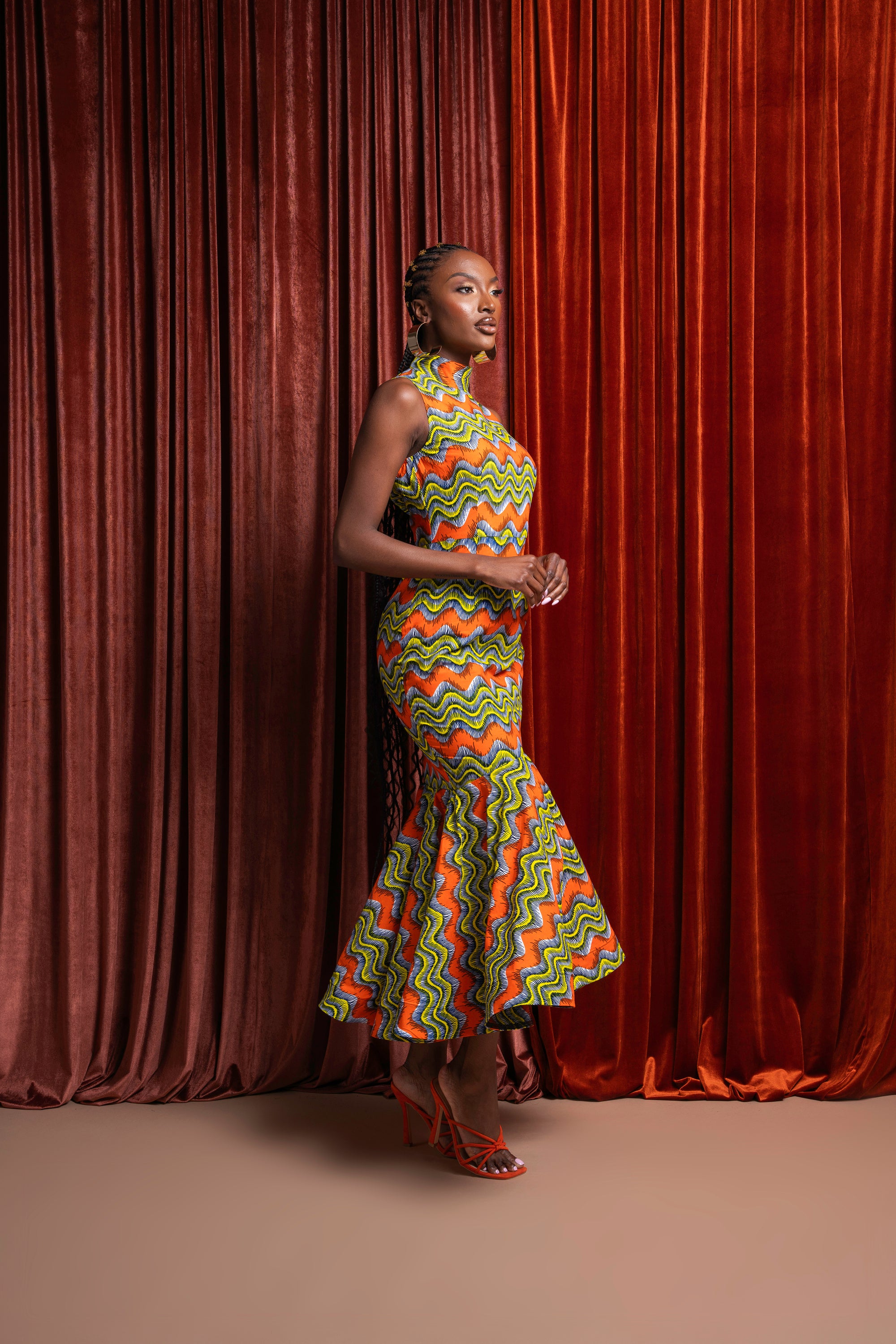 TANI African Print Maxi Mock Neck Peplum Dress
