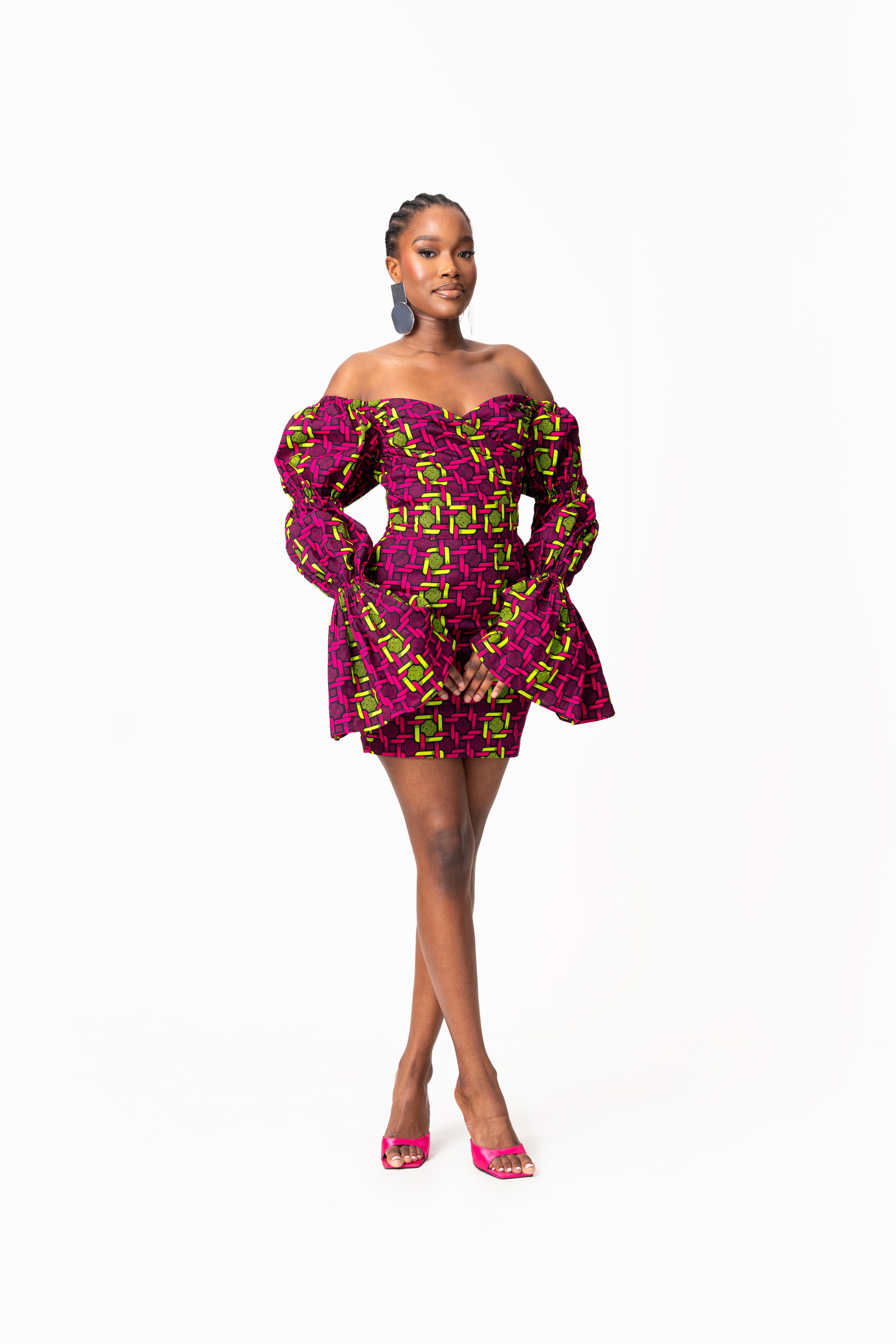 WUNMI African Print Off-shoulder Puffy Sleeve Mini Dress  OFUURE