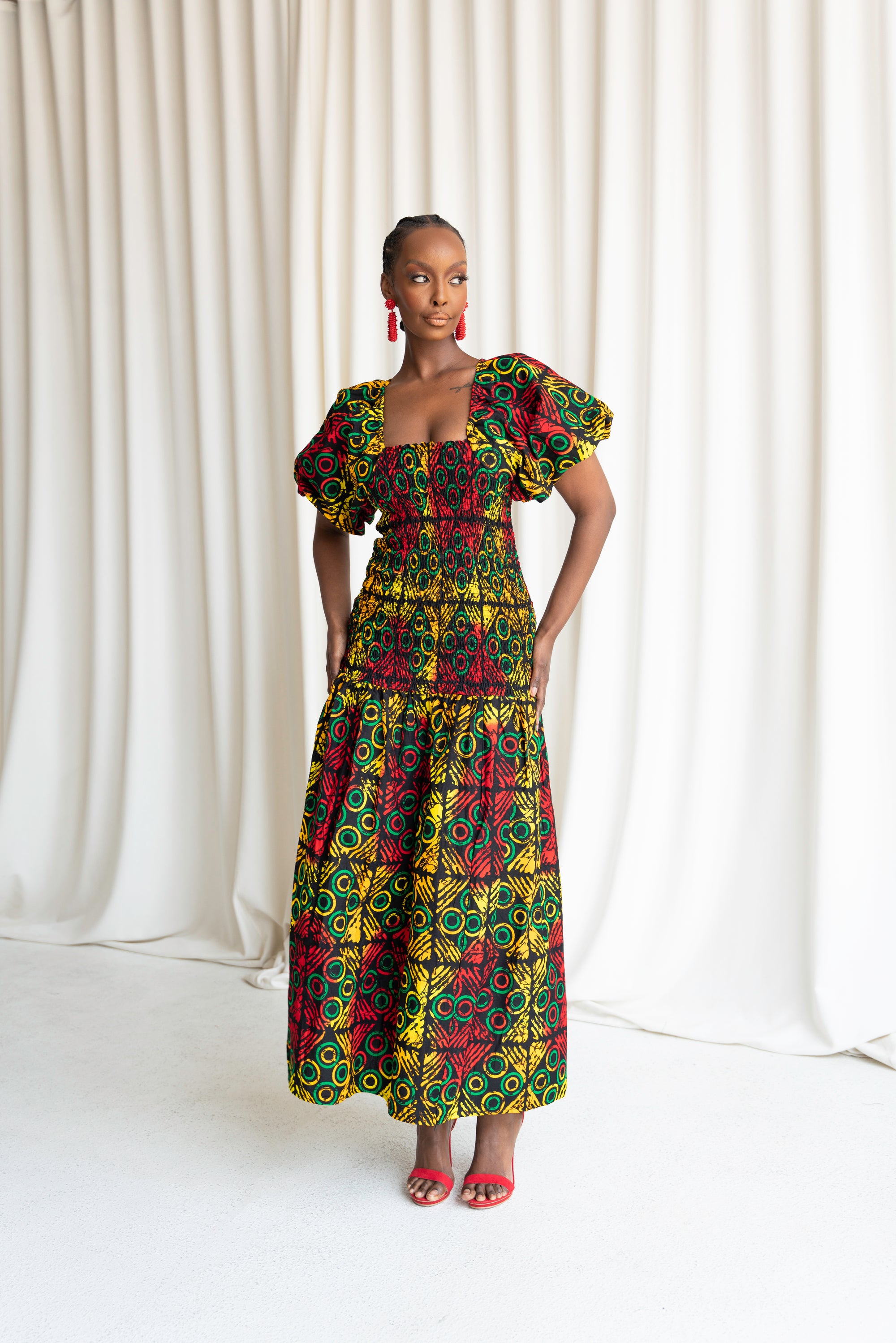 DEJI African print smocked body maxi dress