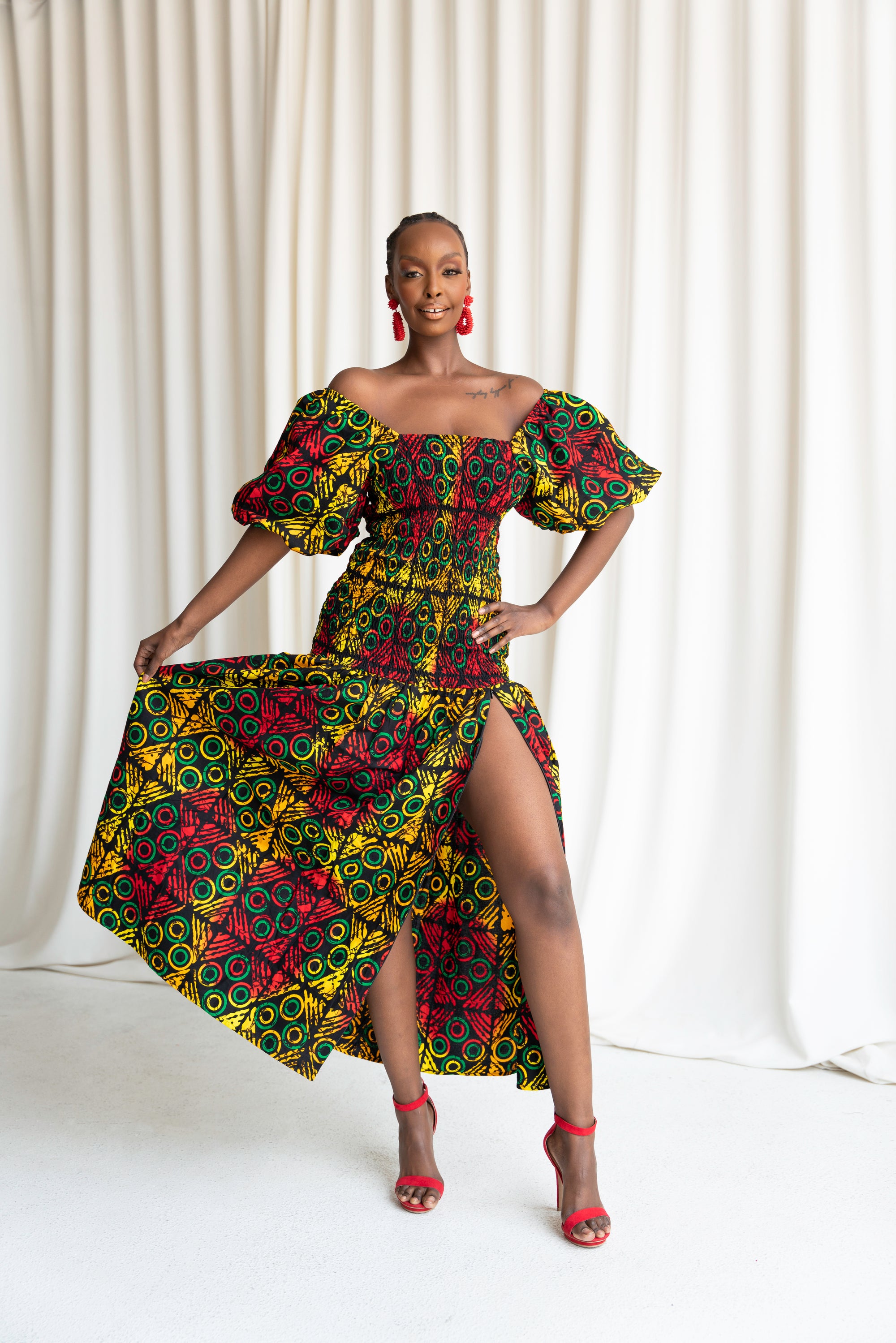 DEJI African print smocked body maxi dress