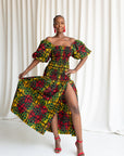 DEJI African print smocked body maxi dress
