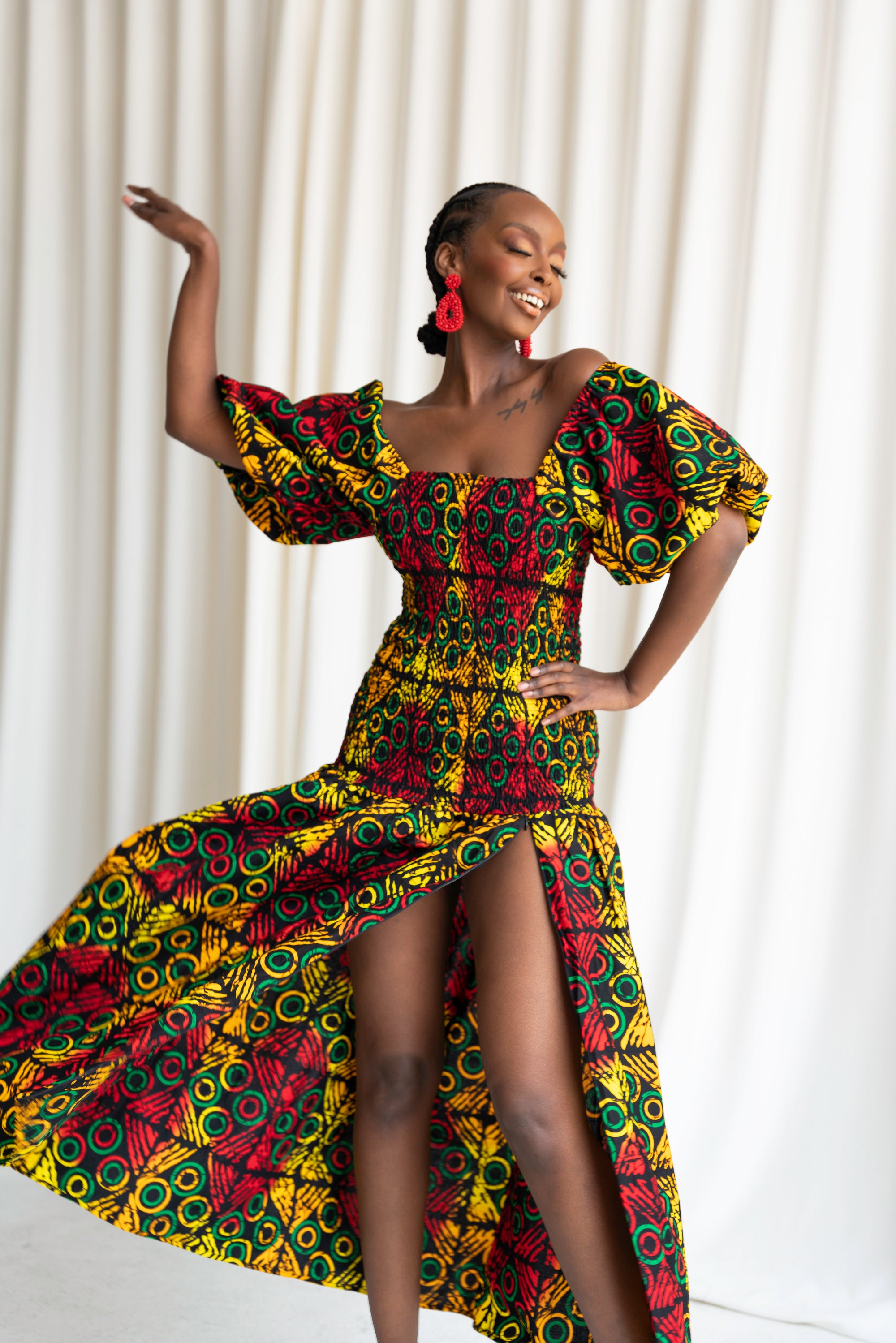 DEJI African print smocked body maxi dress