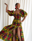 DEJI African print smocked body maxi dress