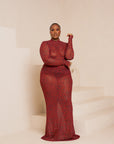 AMINAH RED LONG SLEEVE MAXI MESH DRESS
