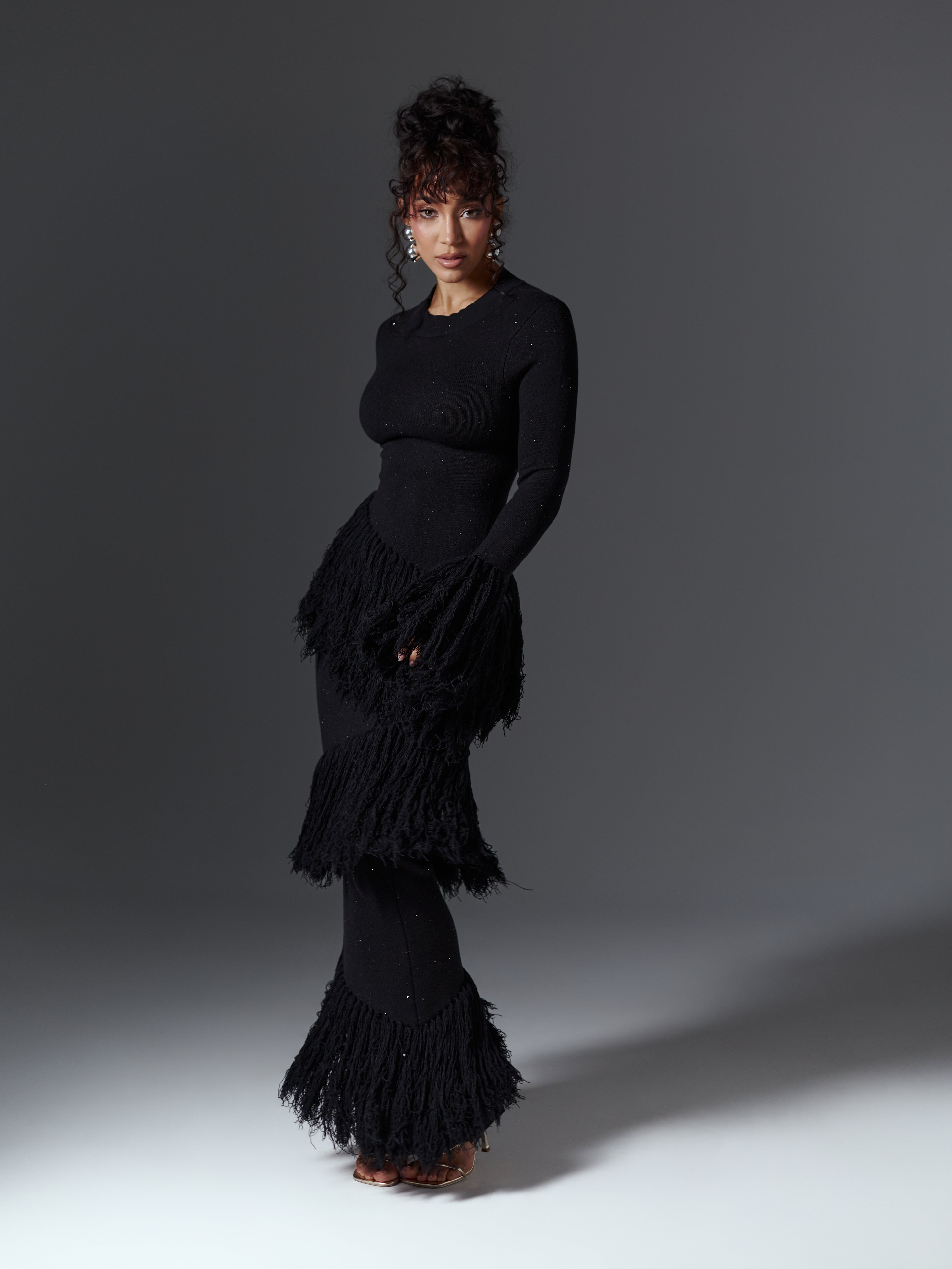 knee length dresses for ladies EME Sequin Fringe Maxi Dress in BLACK – OFUURE