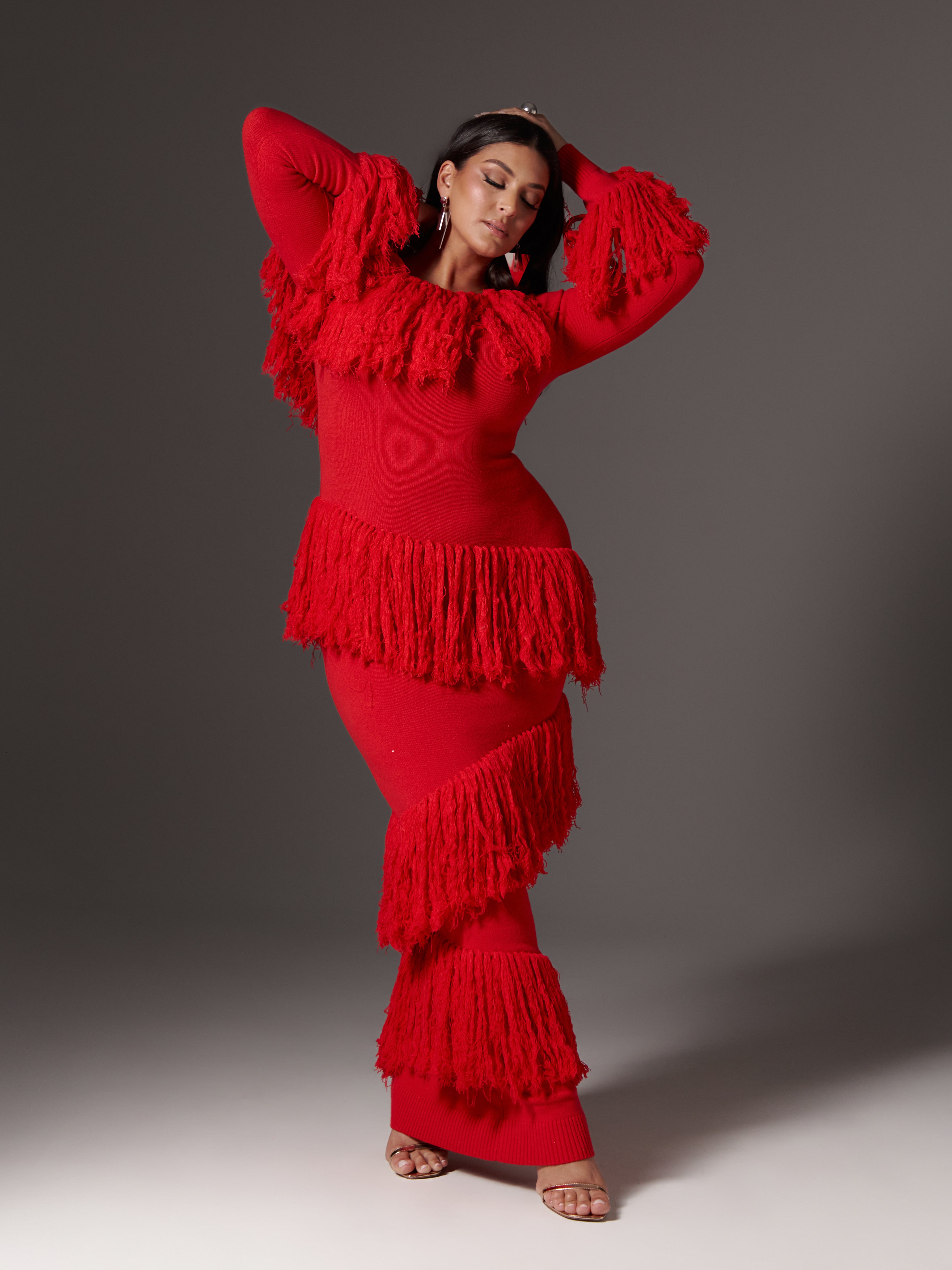 IGHO Sequin Fringe Maxi Dress in RED