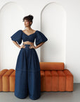 Denim Pinstripe SKYE Puffy Sleeve Crop Top