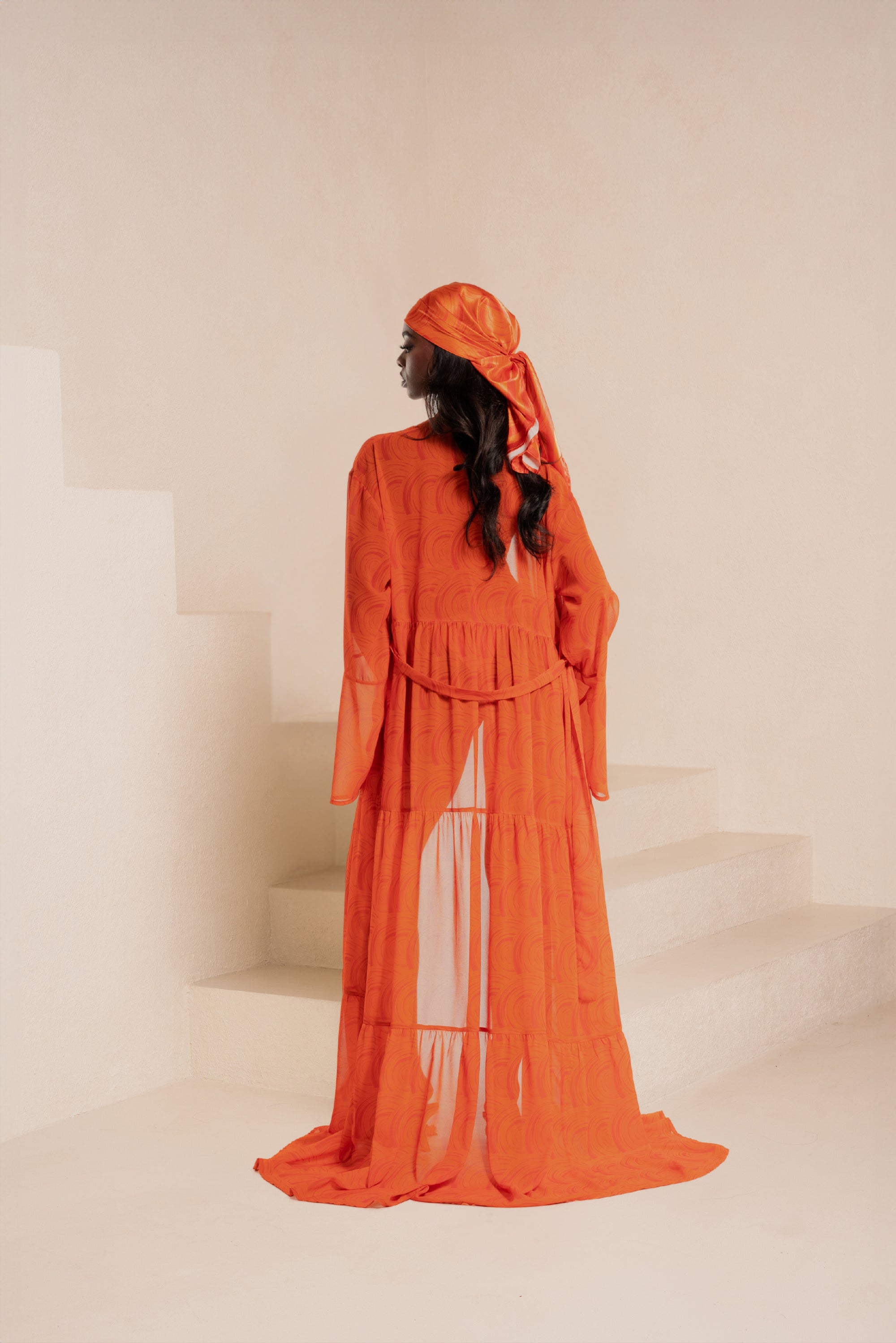 IZA ORANGE LONG SLEEVE CHIFFON KIMONO OFUURE IZA ORANGE LONG SLEEVE CHIFFON KIMONO OFUURE