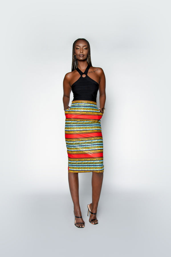 CECE African Print Pencil Midi Skirt