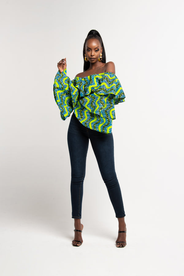 KOJO African Print Long Sleeve Layered Ruffle Crop Top