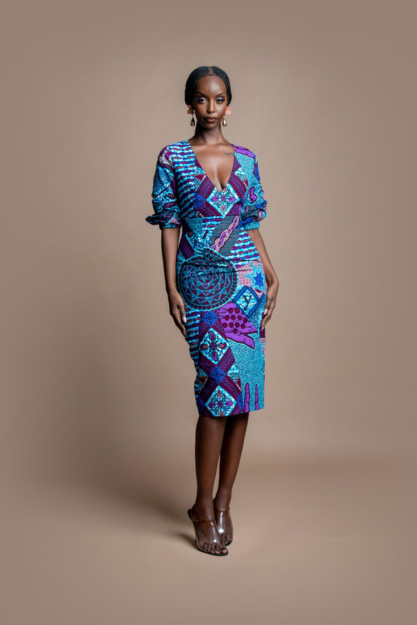 DIMA African Print V Neck Midi Dress