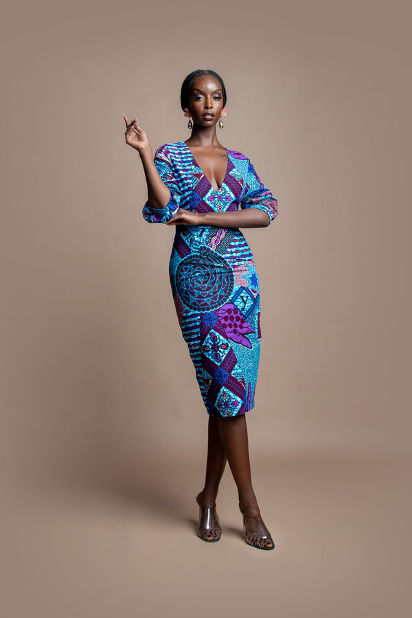 DIMA African Print V Neck Midi Dress