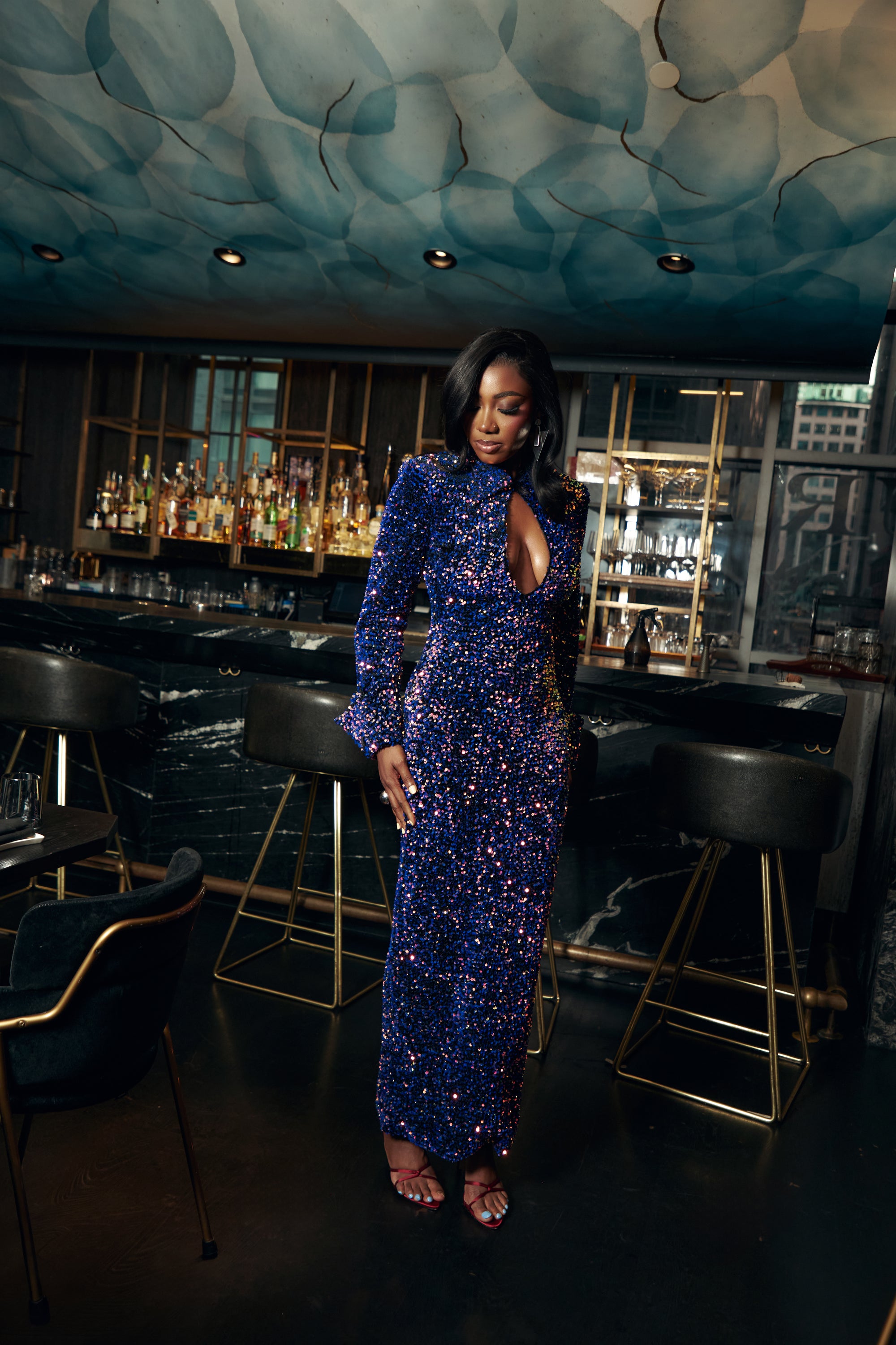 KALI Keyhole Sequin Maxi Dress in TANZANITE OFUURE KALI Keyhole Sequin Maxi Dress in TANZANITE OFUURE