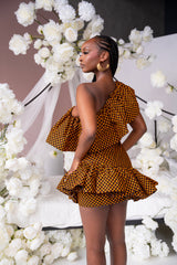 AGBANI African Print One Sleeve Ruffle  Mini Dress