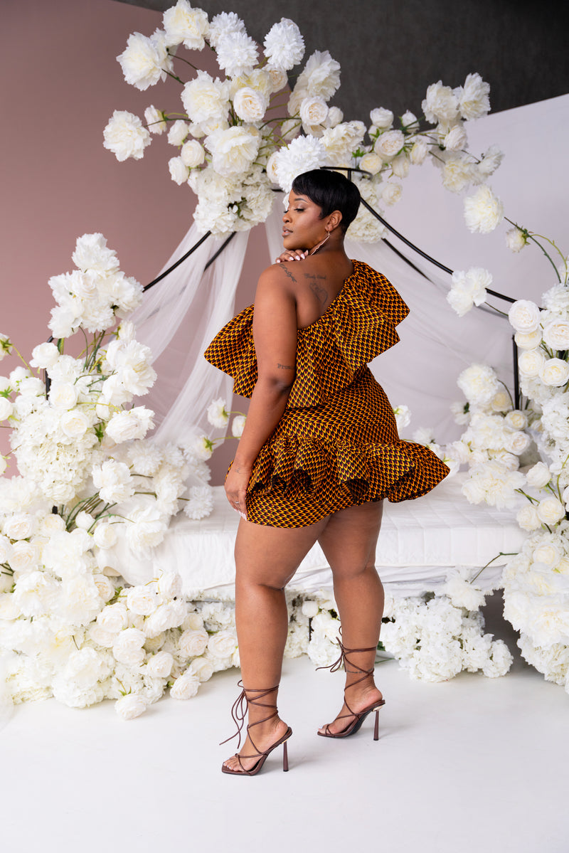 AGBANI African Print One Sleeve Ruffle  Mini Dress