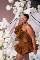 AGBANI African Print One Sleeve Ruffle  Mini Dress