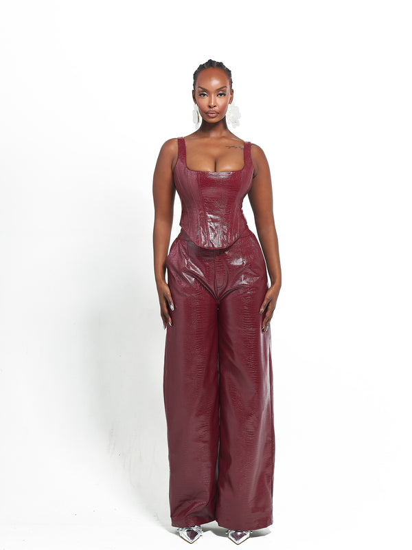 ONO Faux Leather Corset Top  in Burgundy