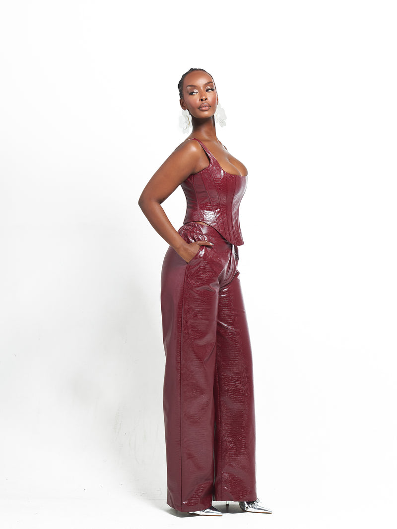 ONO Faux Leather Corset Top  in Burgundy