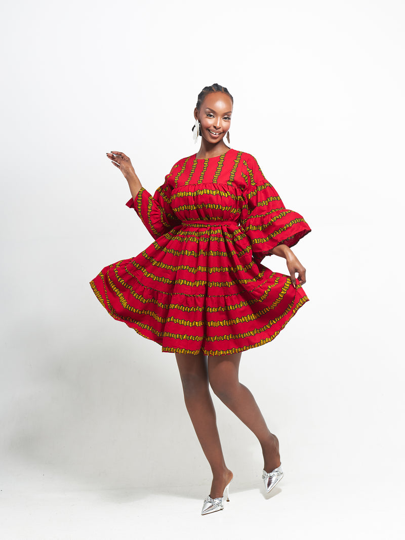 RUWE African Print Tiered Mini Dress