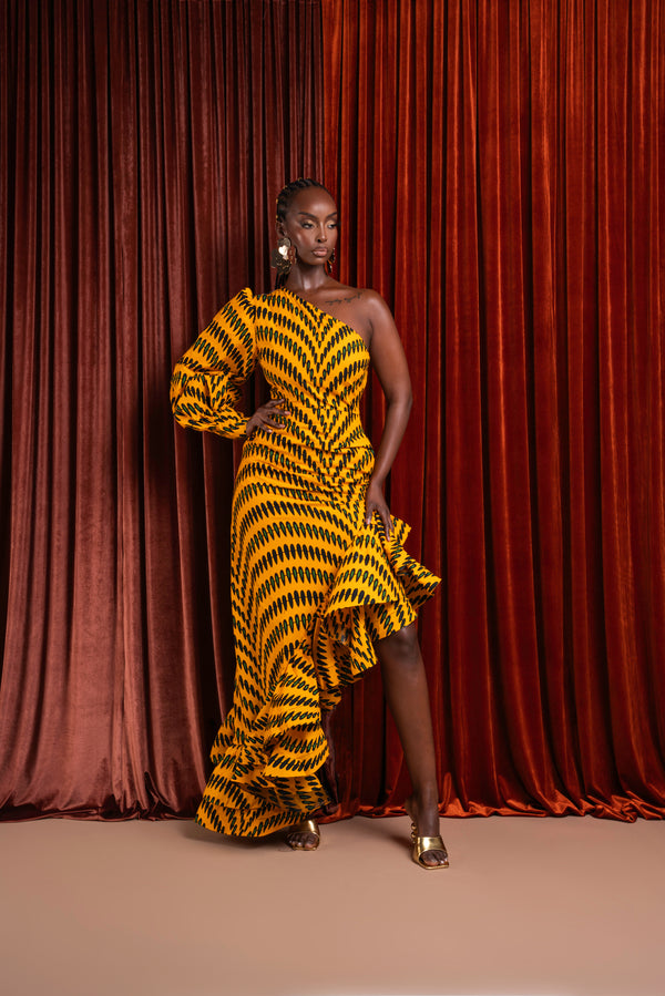 IFE One-sleeve Ruffle African Print Hi-low Dress