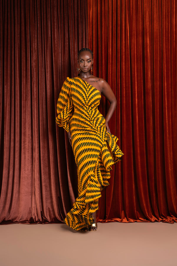 IFE One-sleeve Ruffle African Print Hi-low Dress