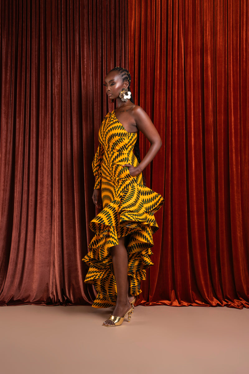 IFE One-sleeve Ruffle African Print Hi-low Dress