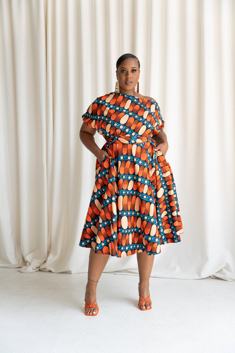 ASHA African Print One-shoulder Midi Dress