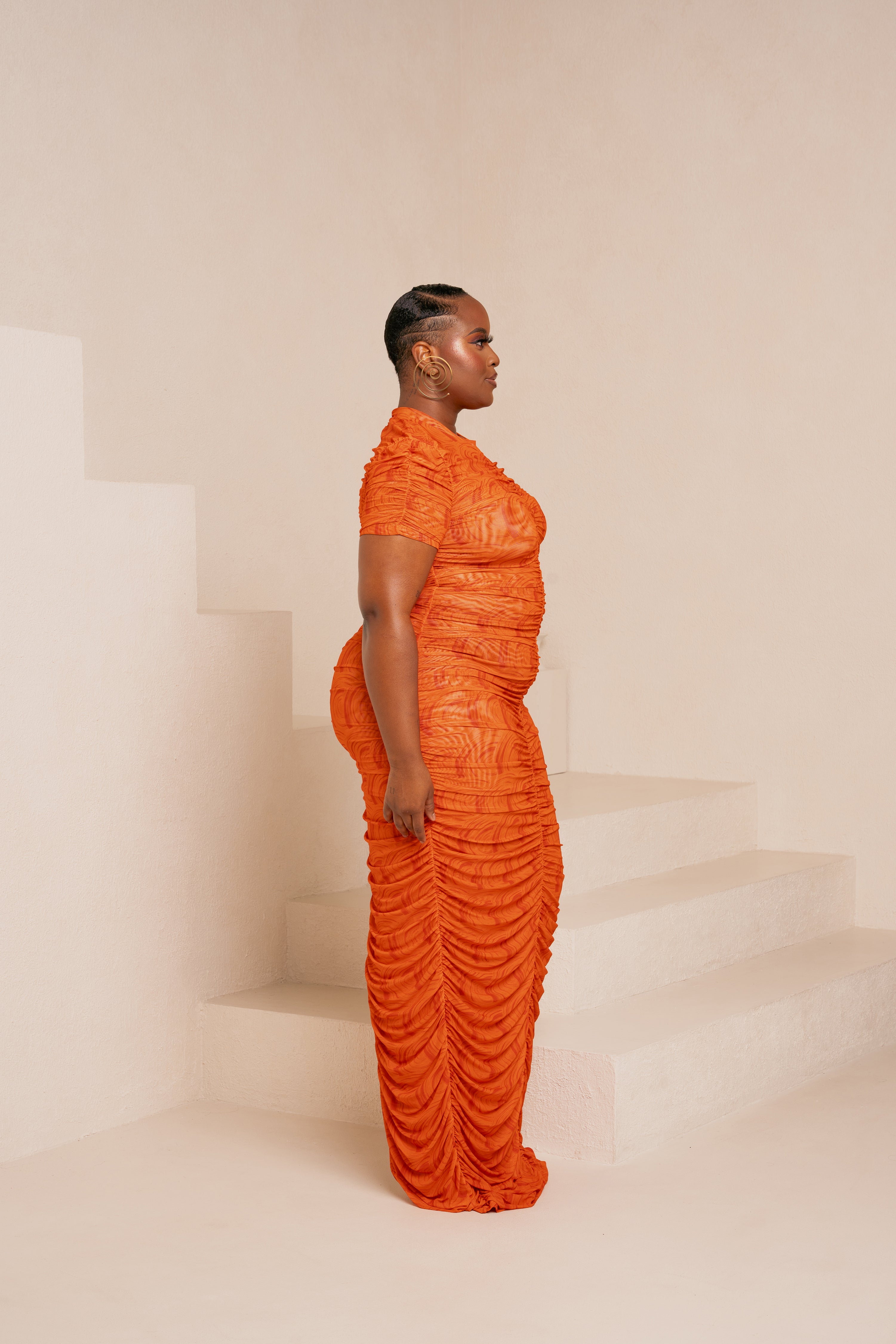 IZA ORANGE RUCHED MAXI MESH DRESS – OFUURE
