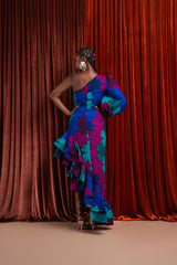 ZURI One-sleeve Ruffle African Print Hi-low Dress
