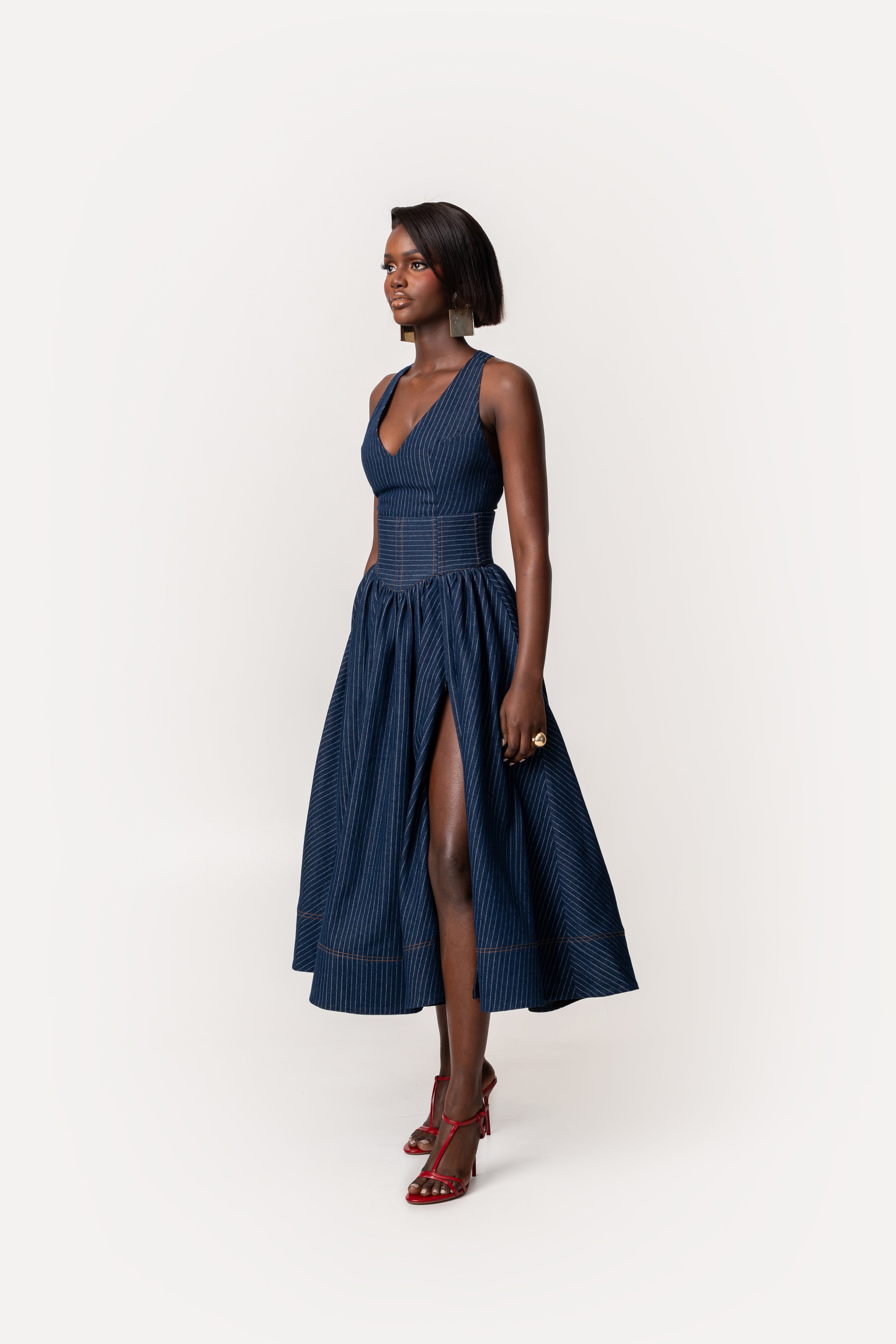 Denim Pinstripe NOEMI Midi Dress – OFUURE