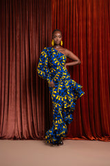OPE One-sleeve Ruffle African Print Hi-low Dress