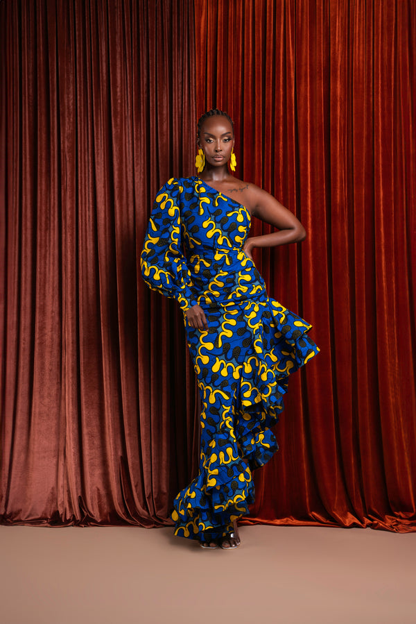 NNEKA African Print One Sleeve Drape Maxi Dress – OFUURE