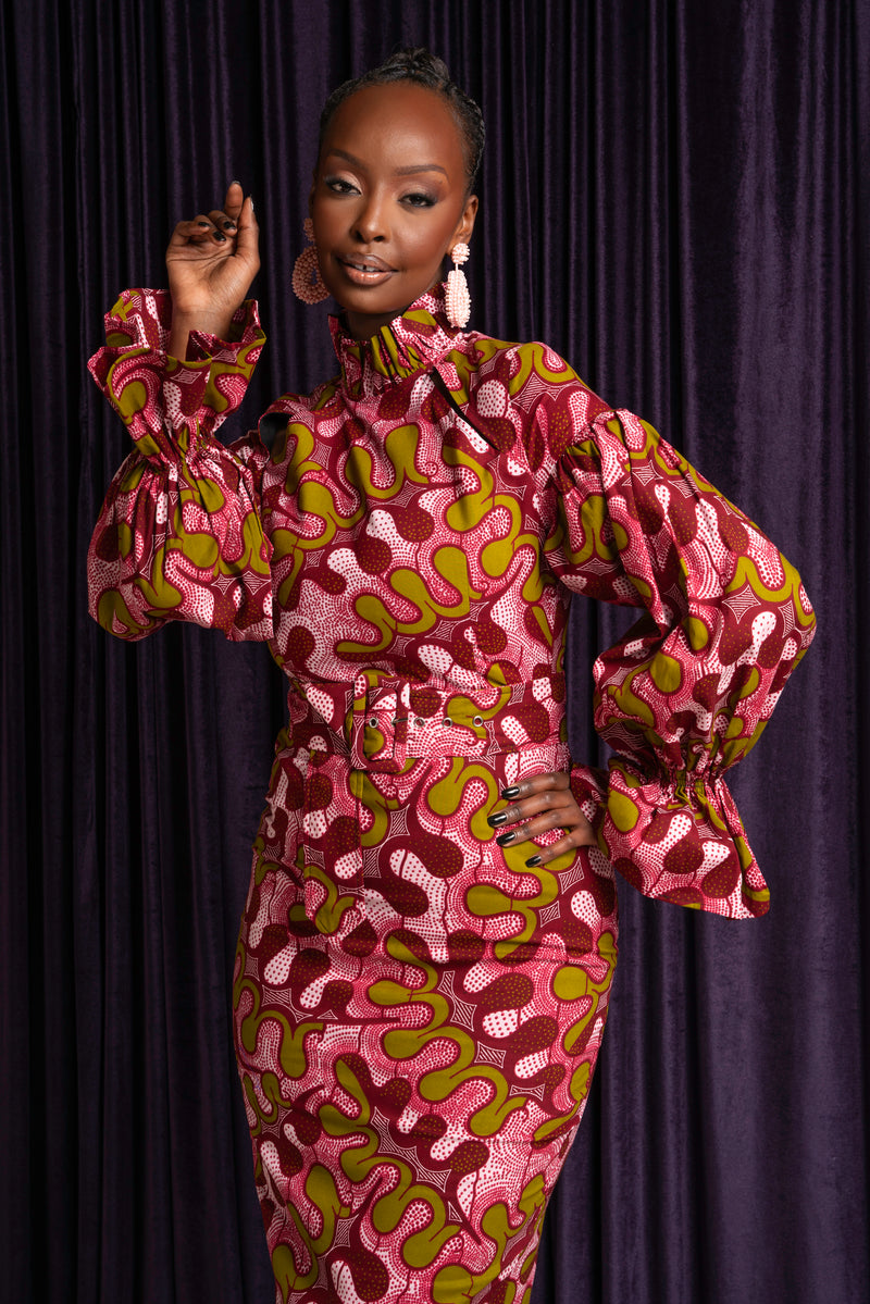 OGE African Print Mock Neck Midi Dress