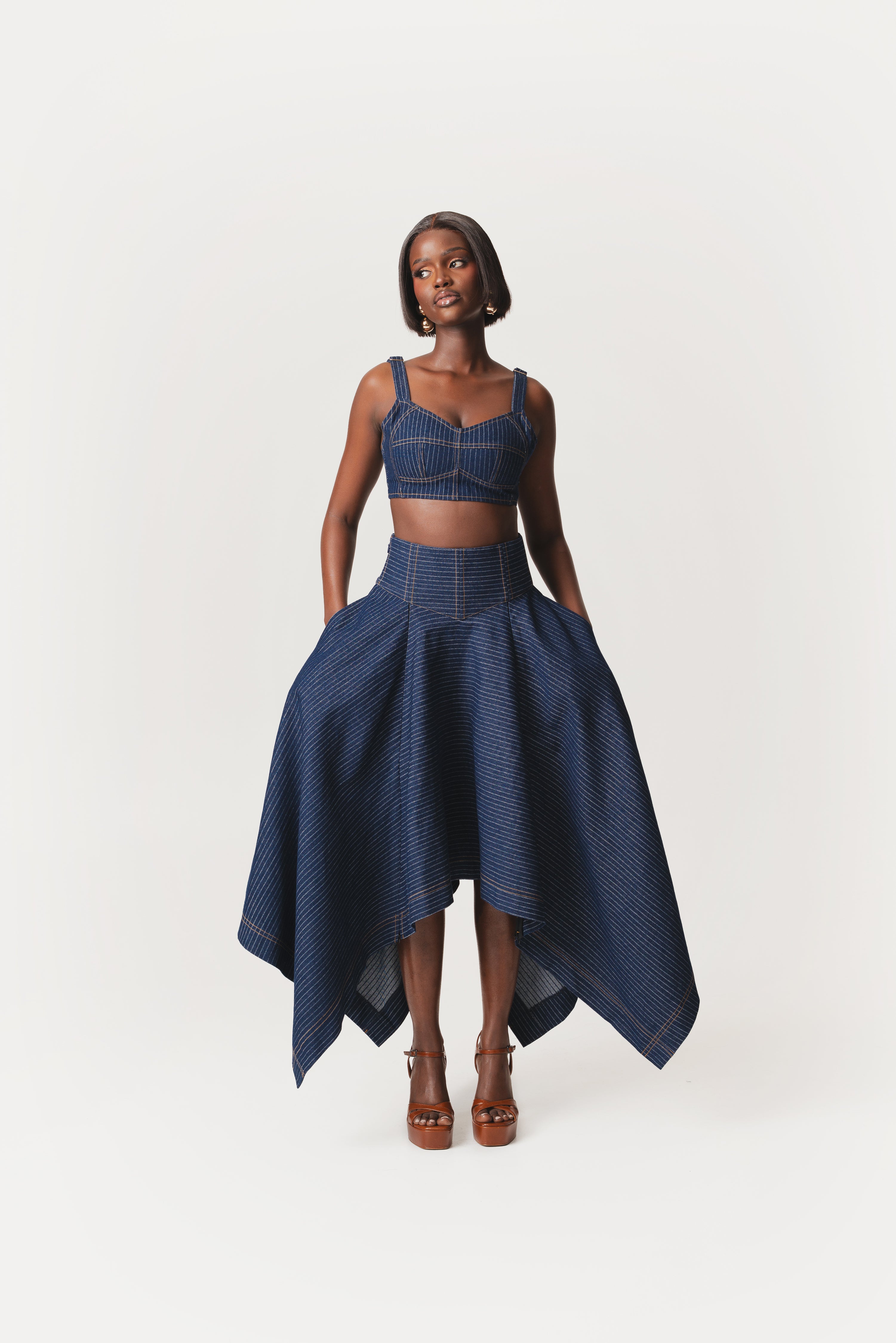 Denim Pinstripe ABI Corset Handkerchief Skirt – OFUURE