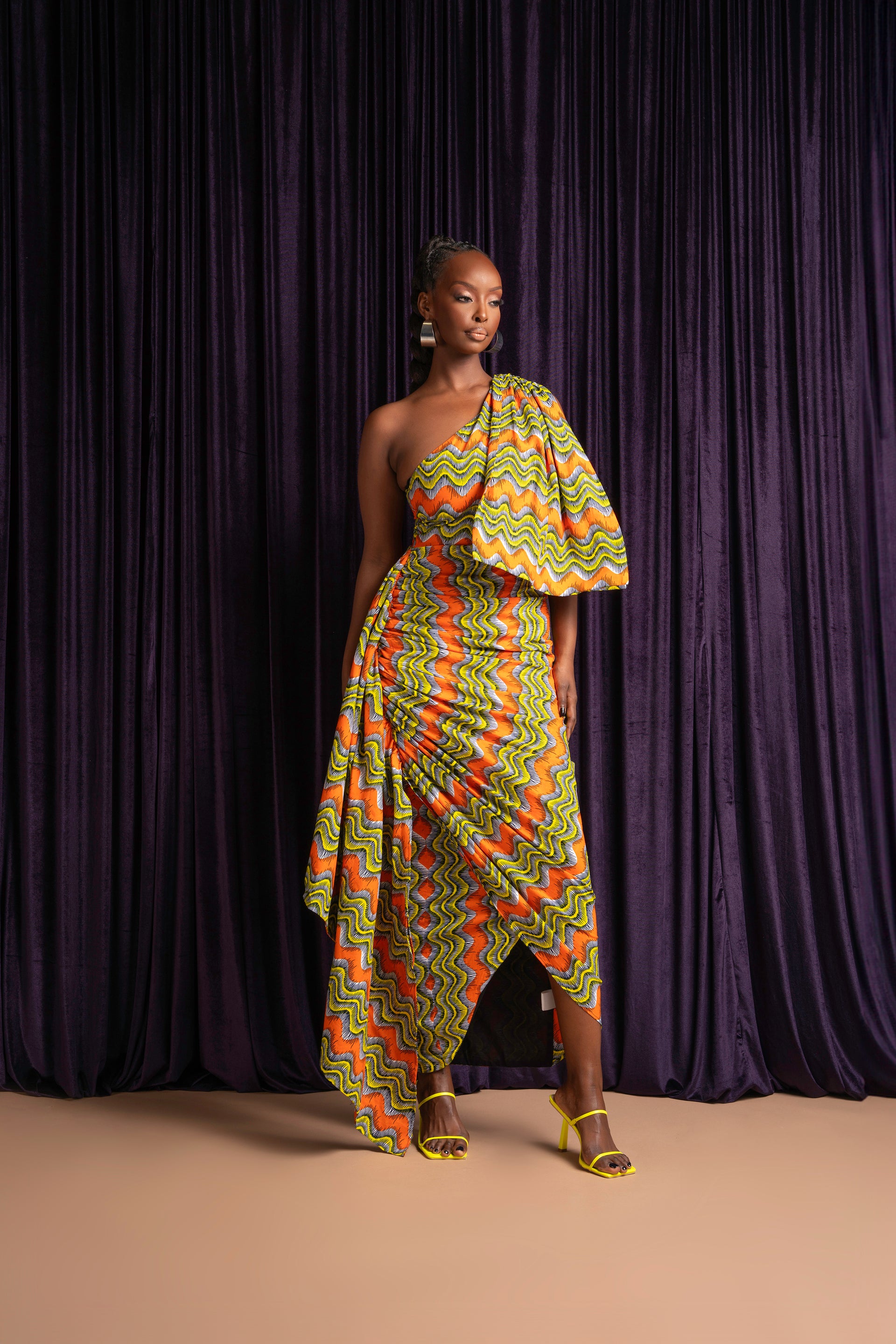 TANI African Print One Sleeve Drape Maxi Dress OFUURE TANI African Print One Sleeve Drape Maxi Dress OFUURE