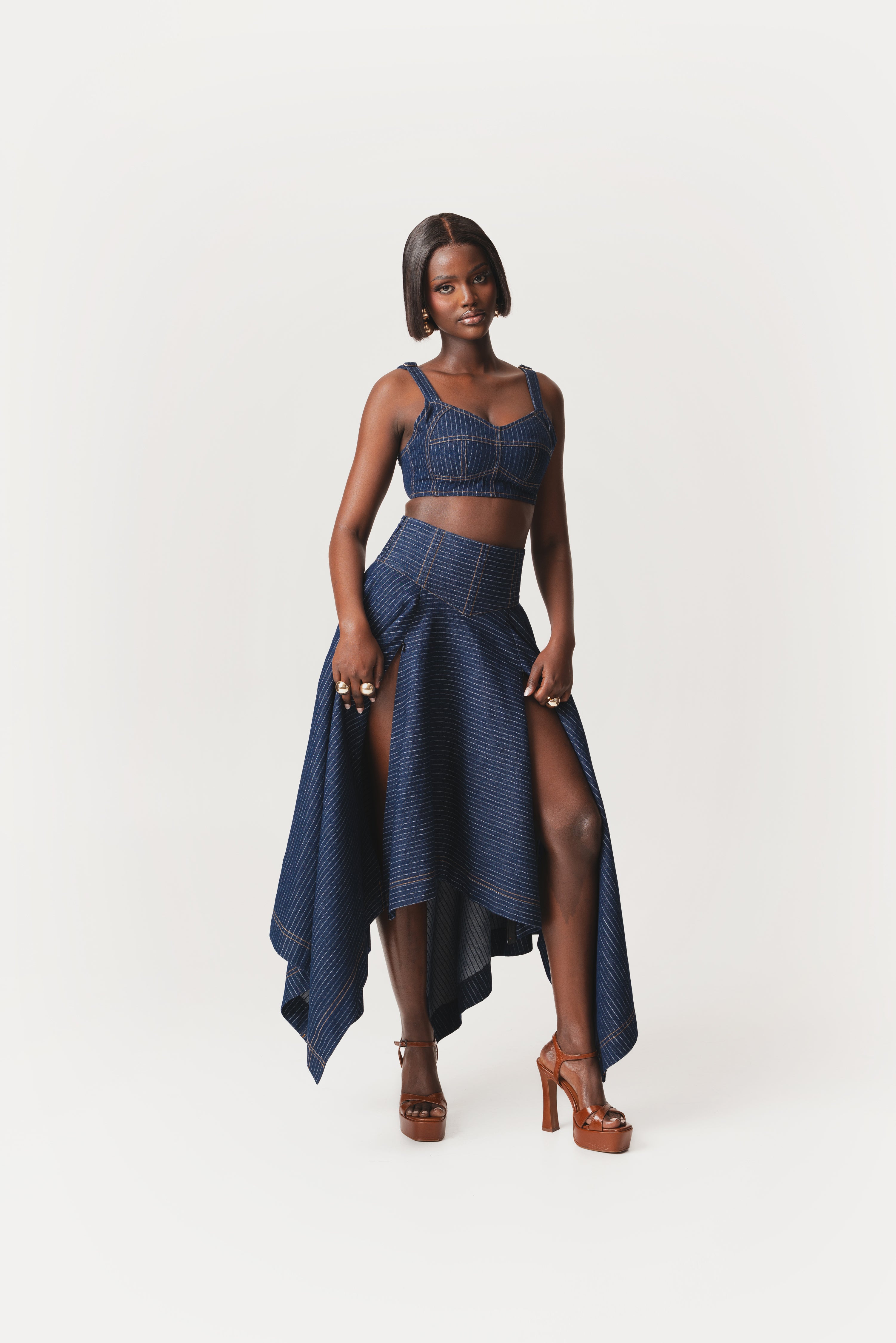 Denim Pinstripe ABI Corset Handkerchief Skirt – OFUURE
