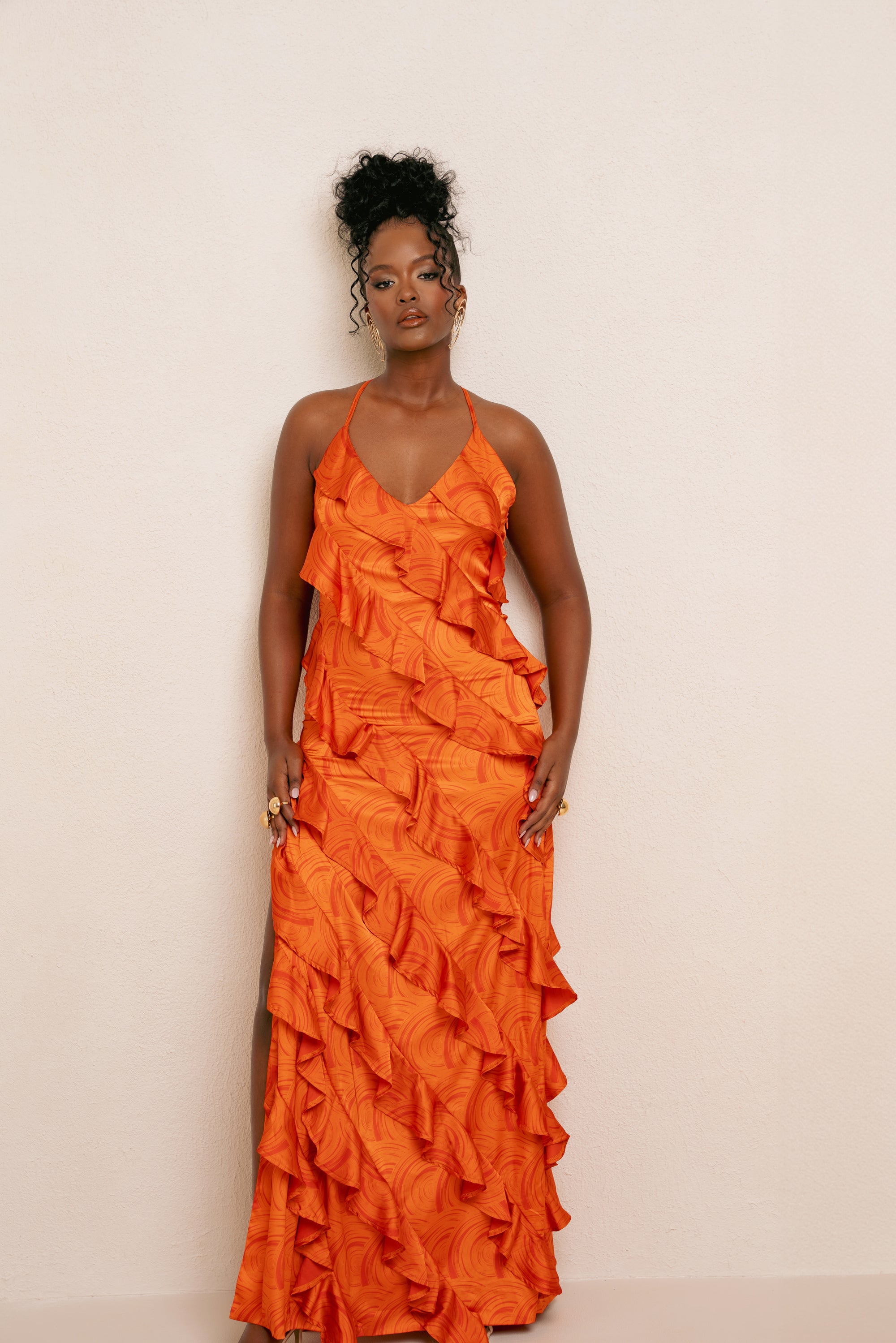 IZA ORANGE RUFFLE MAXI DRESS OFUURE IZA ORANGE RUFFLE MAXI DRESS OFUURE