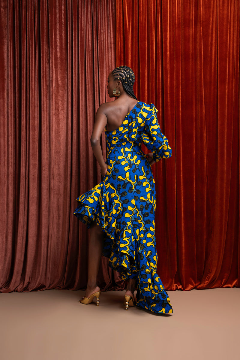 OPE One-sleeve Ruffle African Print Hi-low Dress