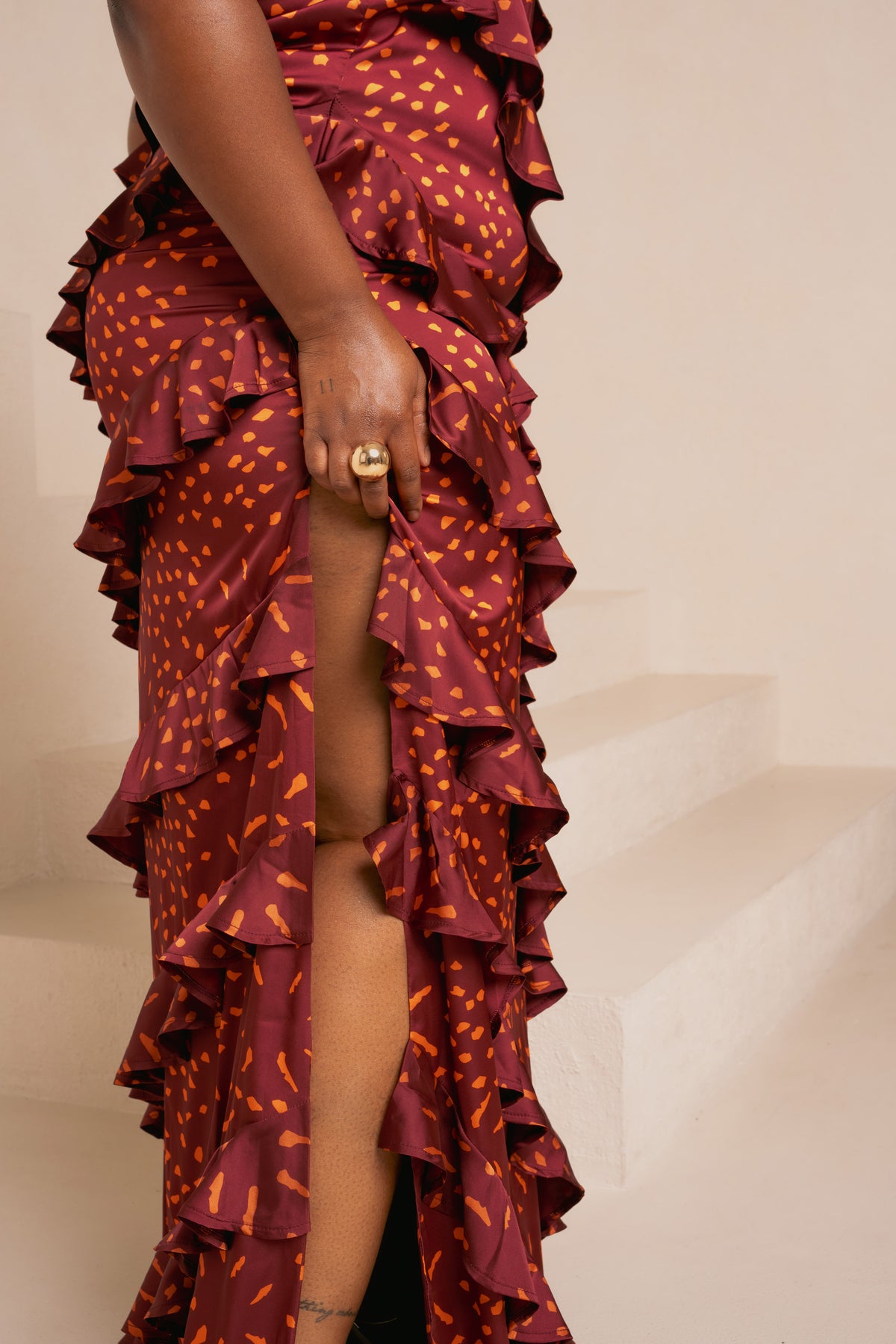 AMINAH ORANGE RUFFLE MAXI DRESS – OFUURE