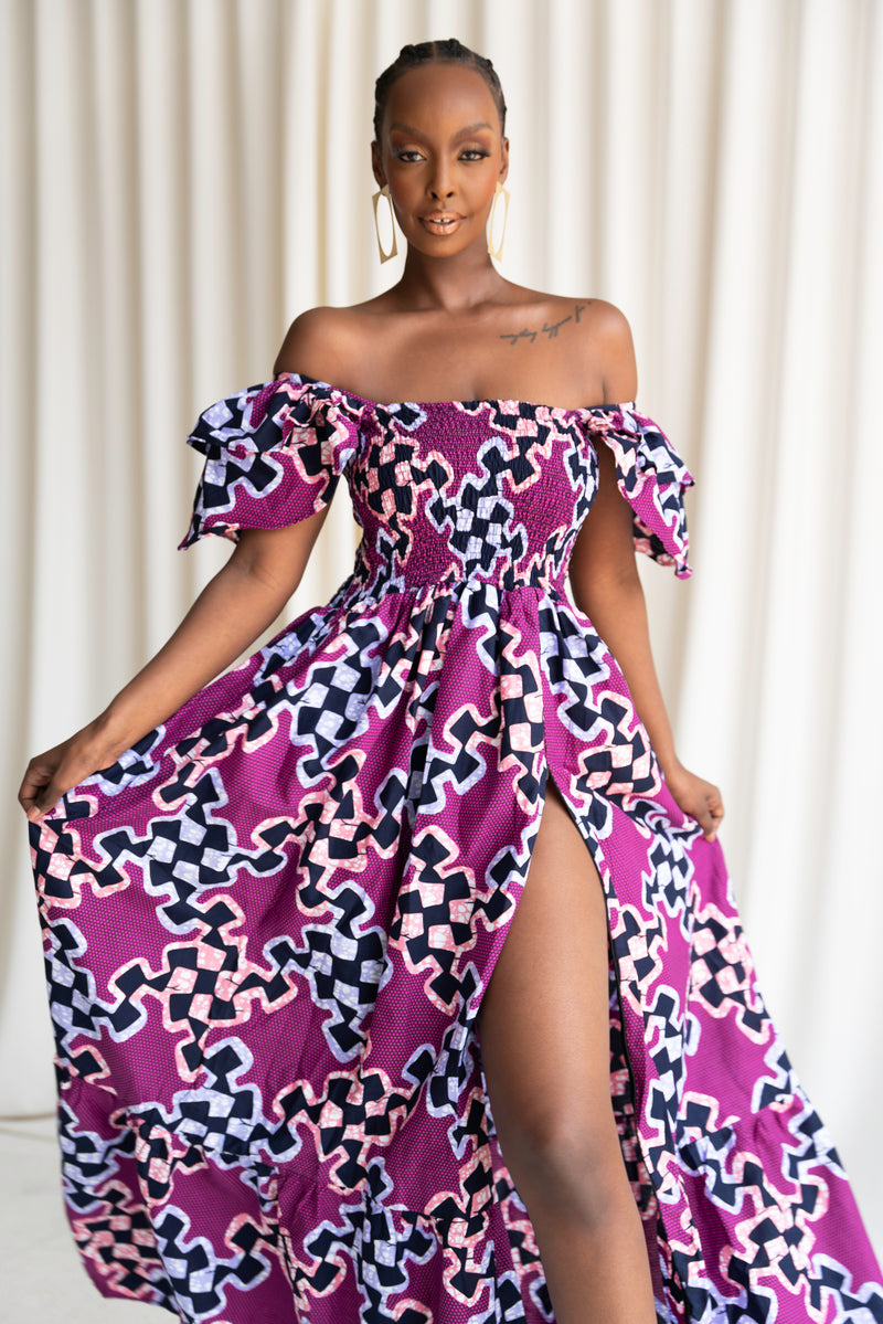 KENE Smocked Ruffle Sleeve African print maxi dress