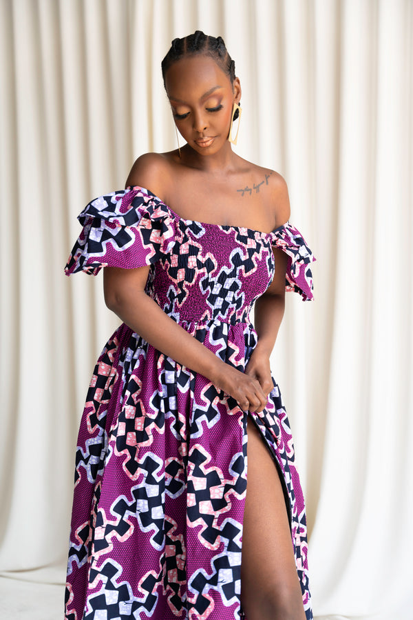 KENE Smocked Ruffle Sleeve African print maxi dress