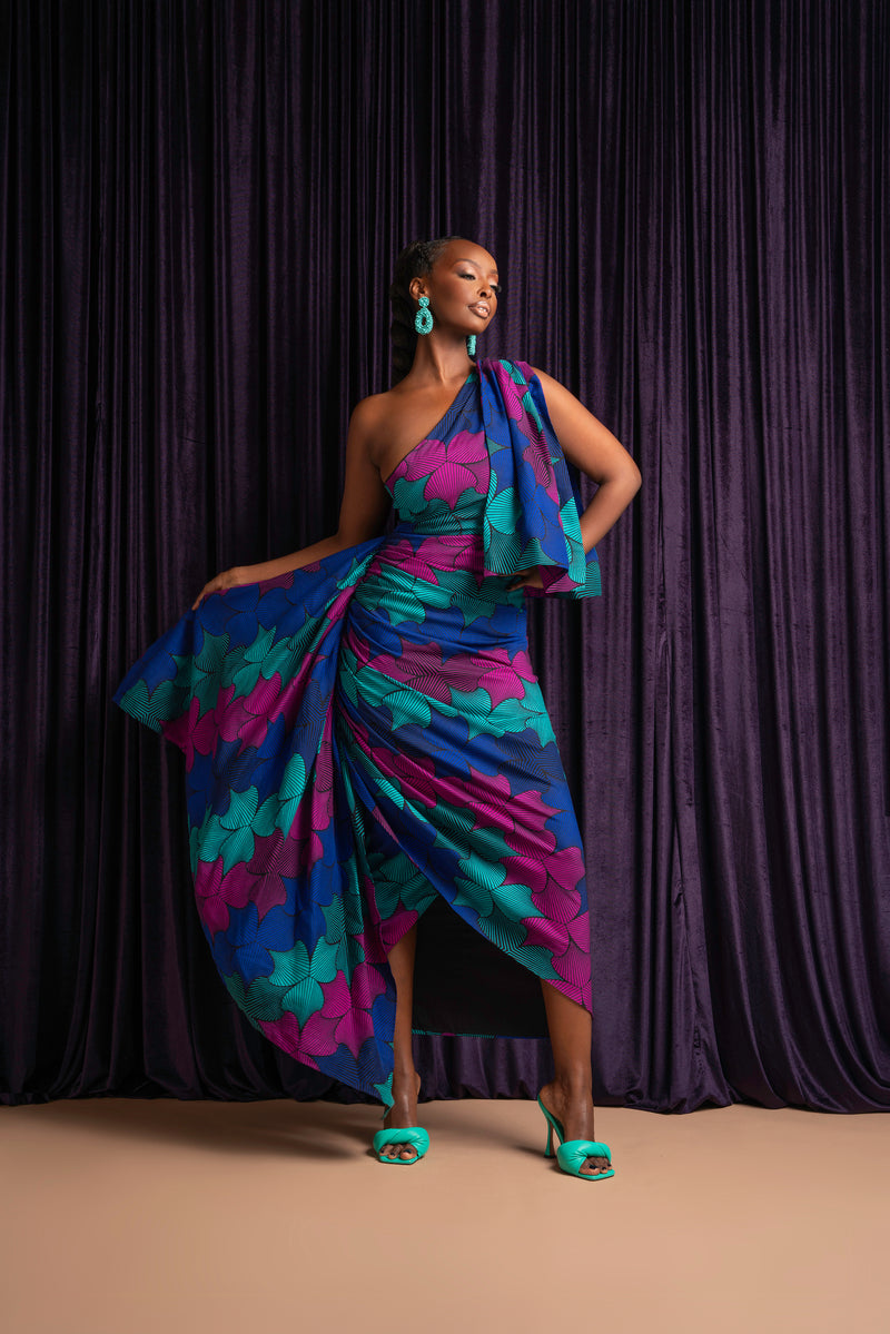 ZURI African Print One Sleeve Drape Maxi Dress