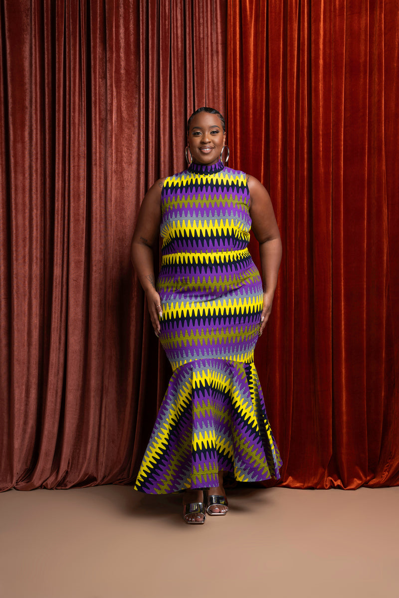 FEMI African Print Maxi Mock Neck Dress