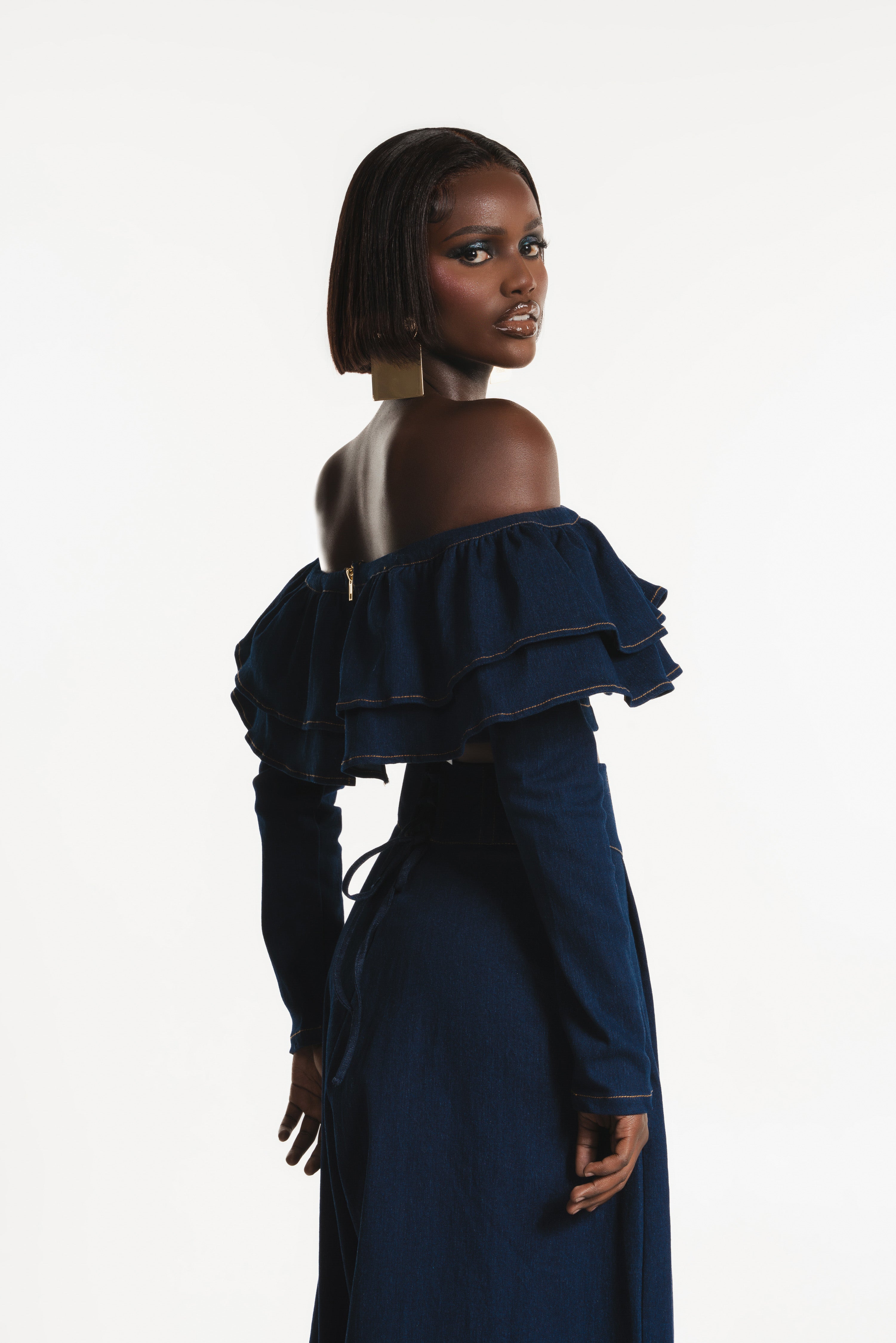 Denim DIJA Ruffle Crop Top – OFUURE
